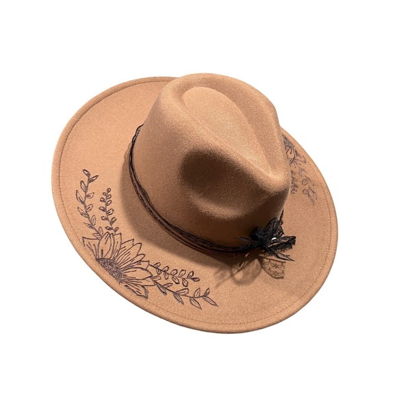 Handcrafted Brown Custom Wood Burned Sunflower Wide Brim Hat Lace Band - Picture 6 of 8